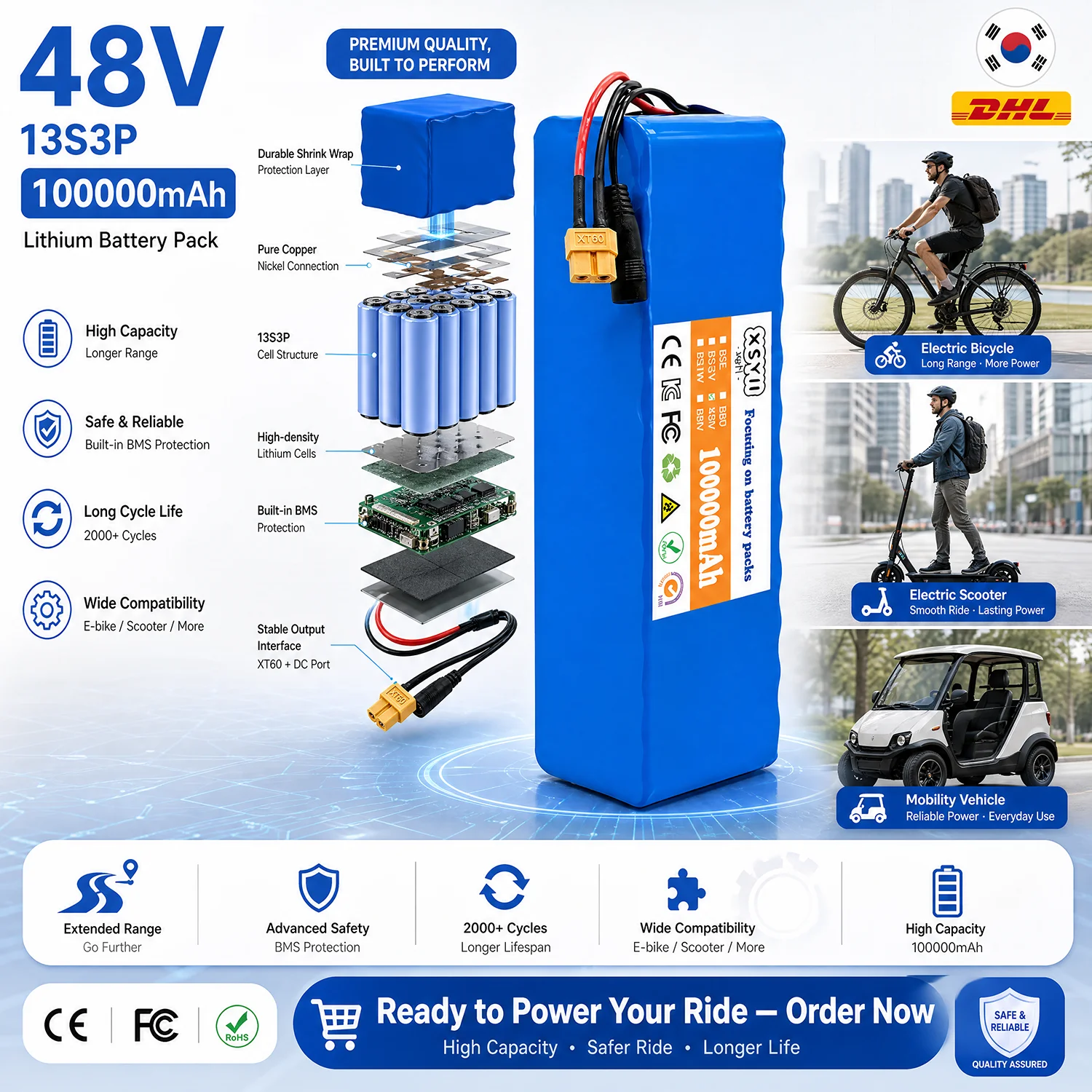 E-bike Battery 48V 100Ah 18650 Lithium Lon Battery Pack 13S3P EBike Conversion Kit Bafang 500w and 54.6V 2A Charger