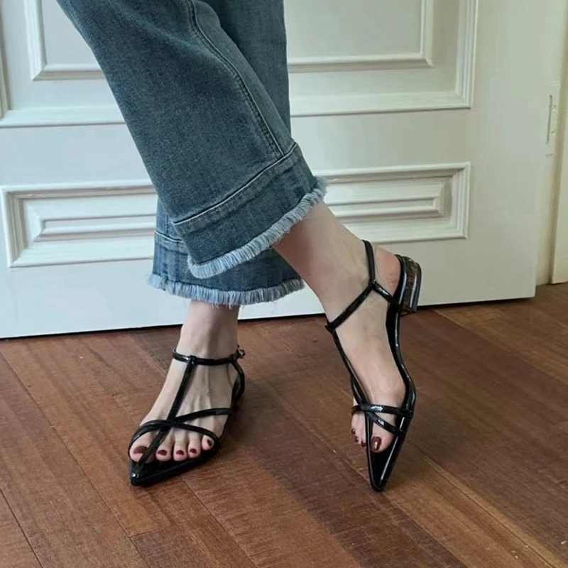 SUOJIALUN 2024 Summer New Brand Women Sandal Fashion Narrow Band Ladies Elegant Dress Gladiator Shoes Pointed Toe Outdoor Slide