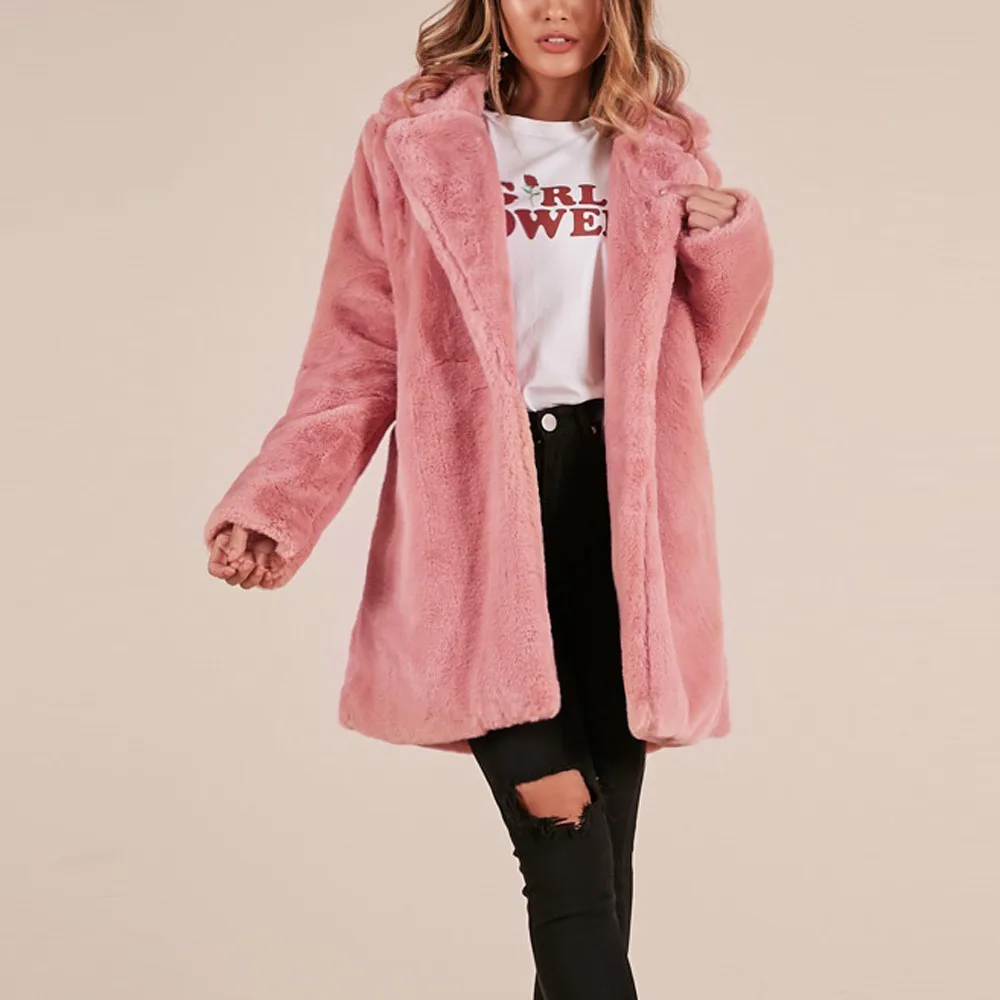 VOLALO Thicken Faux Fur Coat Women Autumn Winter Warm Soft Loose Fleece Faux Jacket Lady Mid-length Lapels Plush Casual Overcoat