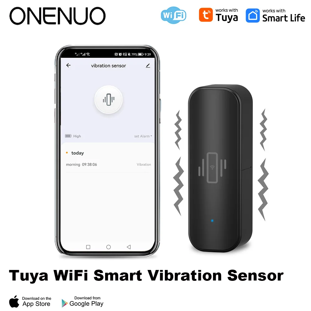 ONENUO Tuya Smart Home WiFi Vibration Sensor Detection APP Notification Real-Time Motion Shock Alarm History Record Security