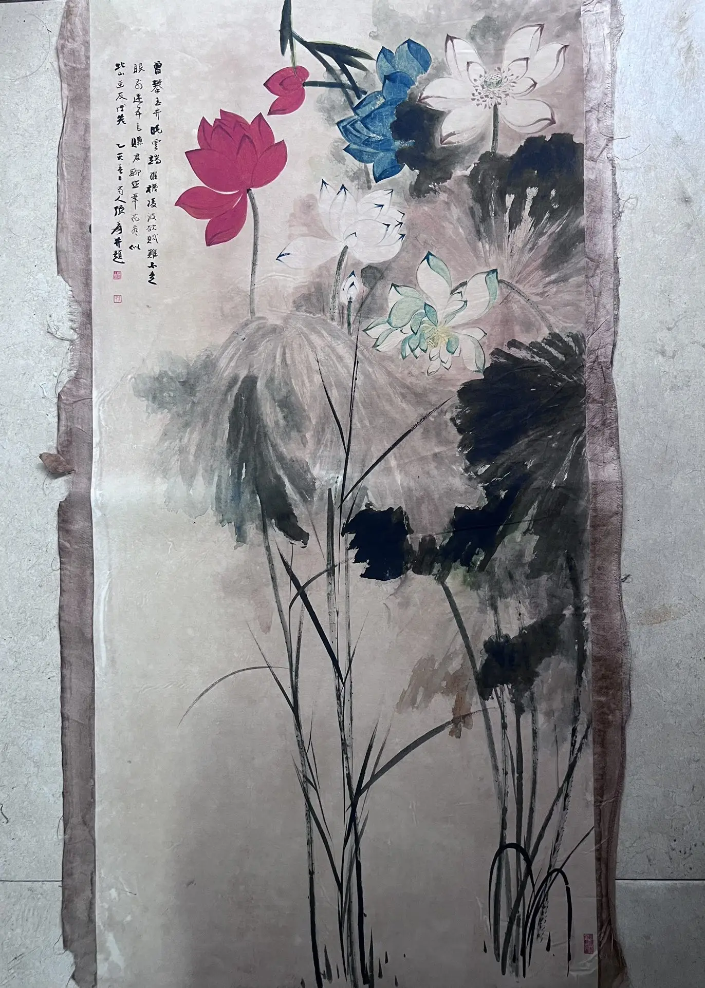 Chinese living room classical rice paper rotten film painting Zhang Daqian - five color lotus picture decorative painting