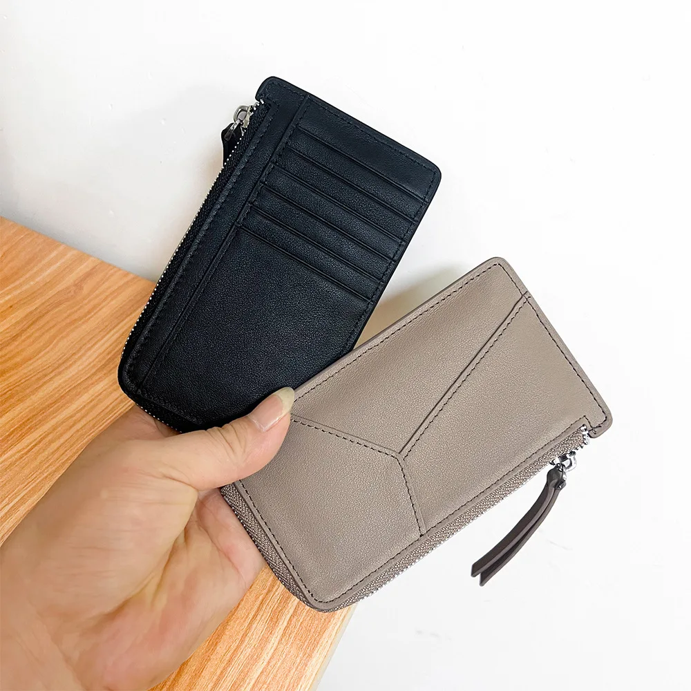 

Fashionable Women Real Leather Slim Card Holder Geometric Patchwork Zipper Cards Coin Cash Portable Daily Coin Purse Mini Wallet