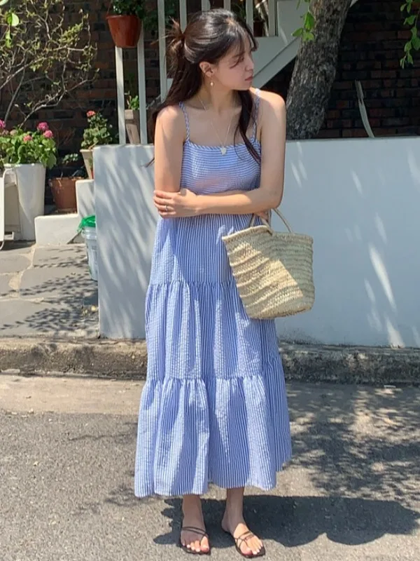 Vestido Envolvente t Azul Chique F Verão Novo Estilo de Férias Colete em Camadas Saia Longa E Casual Max...