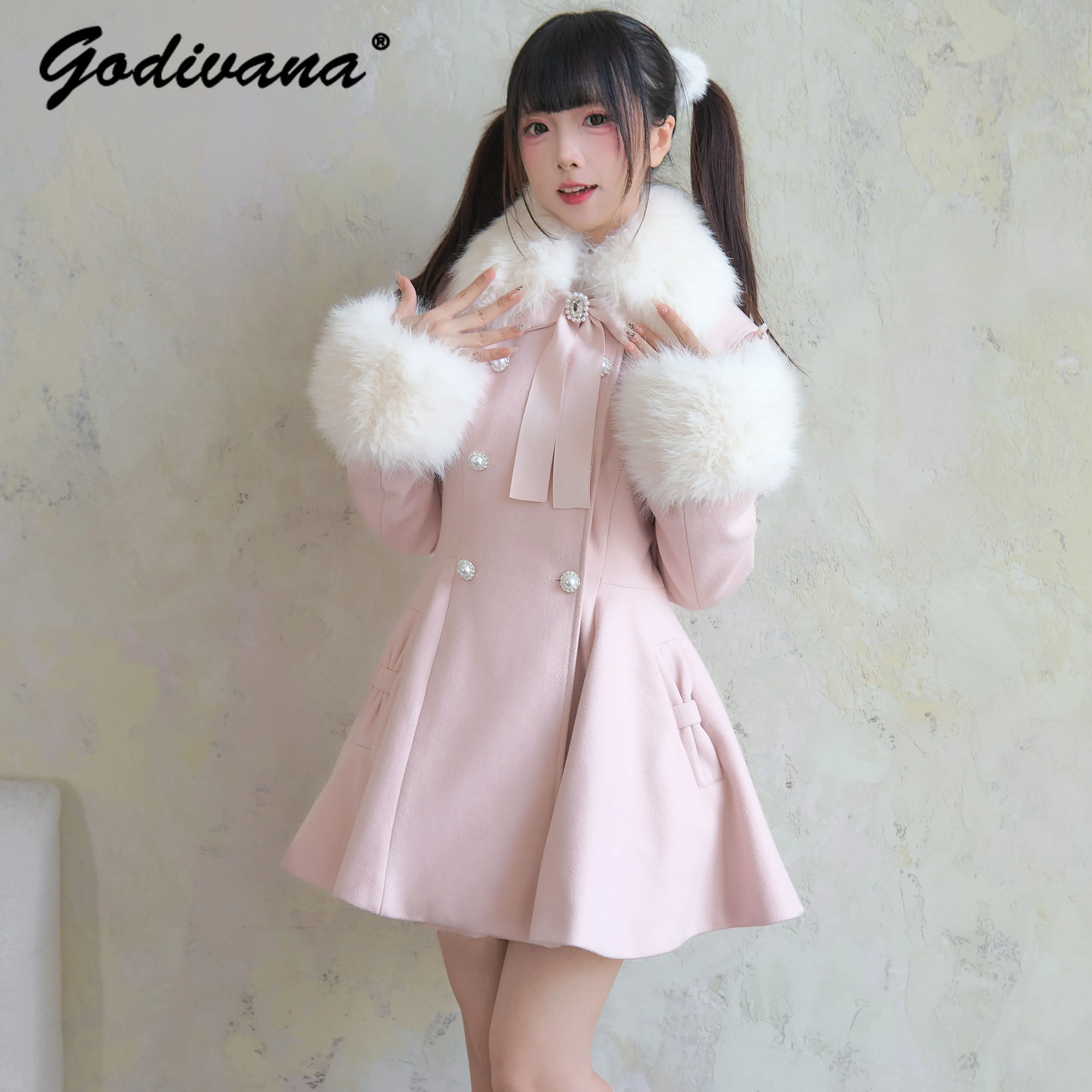 Japanese Mine Sweet Fur Collar Slim Double-breasted Woolen Coat New Winter New Sweet Lolita Women's Bow Slim Mid-length Jackets