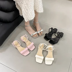 Square Toe Women Sandals 2023 New Arrivals Bow Design Black Silver Beige Pink Flat Low Heels Summer Dress Sandals Pumps Shoes 39