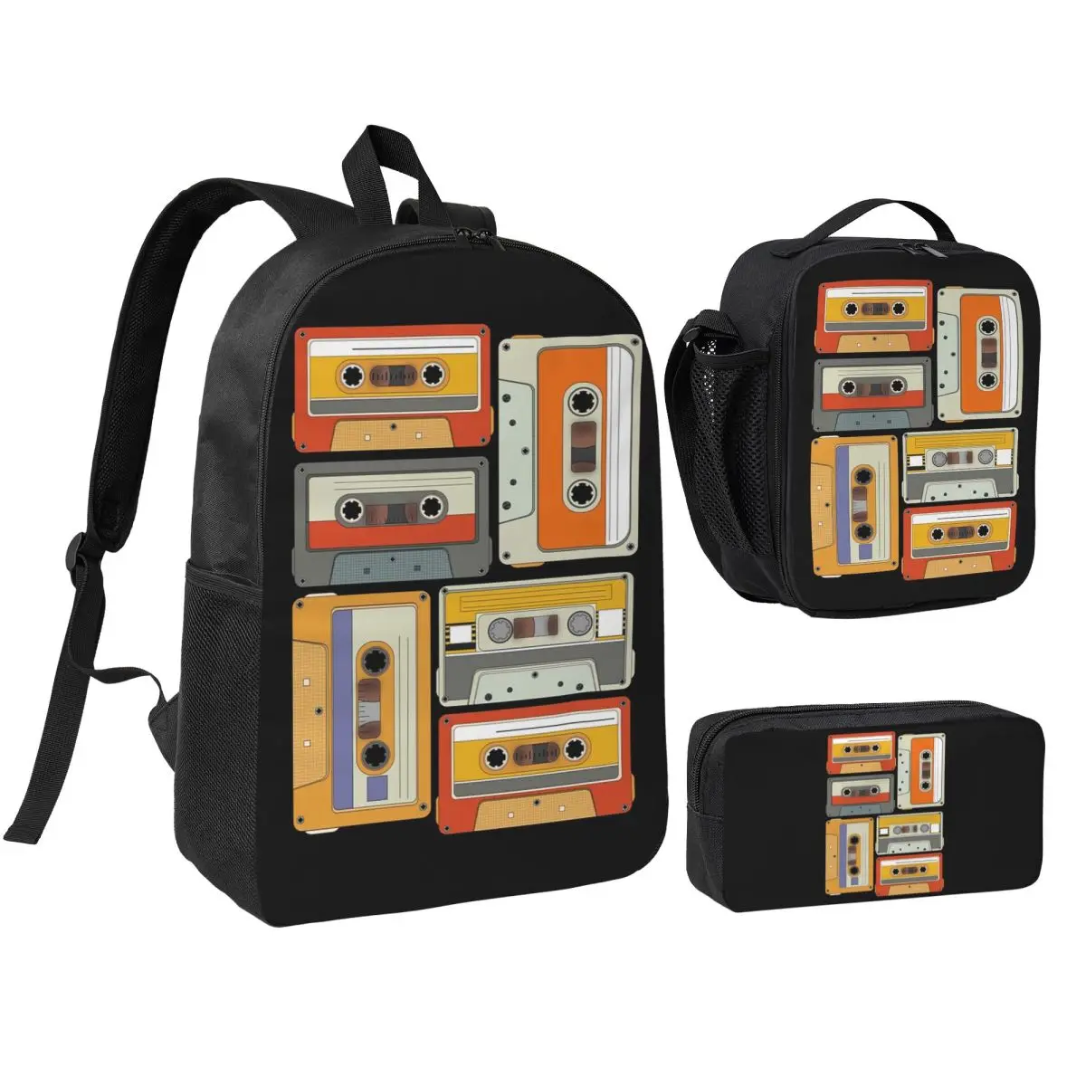 

80s Generation Vintage Cassettes Backpack Boys Girls BookBag School Bag Shoulder Bags 3ps Insulated Lunch Bag Pencil Case