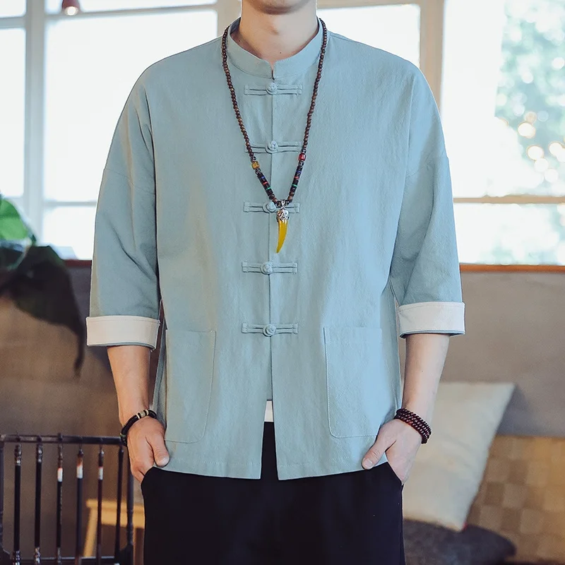 

Loose Long Sve Men's irt Cotton Linen Tang Suit Chinese Sle Stand Collar Button down f Sve Zen Clothing Tea Costume