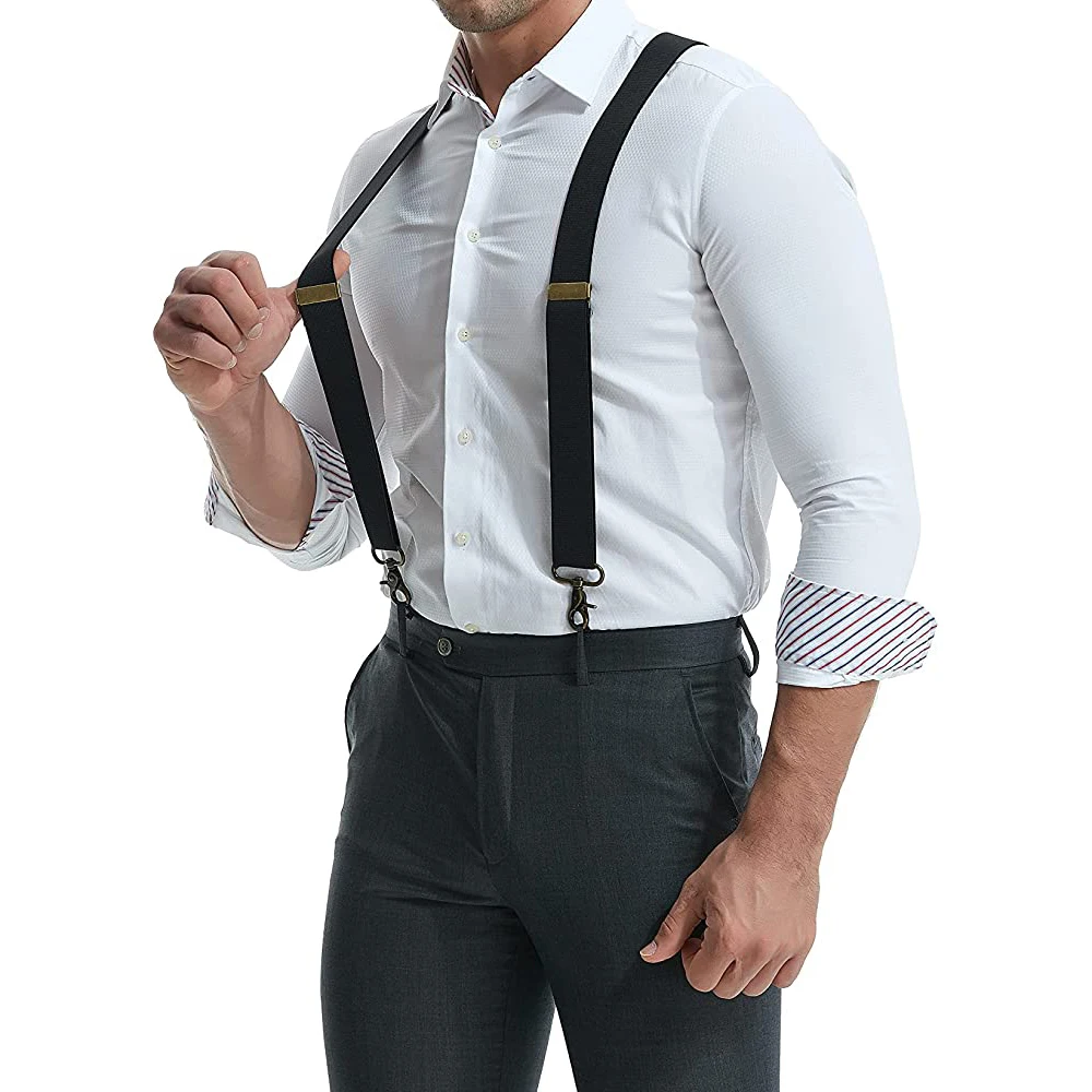 Bretelle vintage da uomo da lavoro resistenti, grandi, alte, 3,5 cm di larghezza, a forma di X, 4 moschettoni in bronzo, bretelle elastiche regolabili per pantaloni