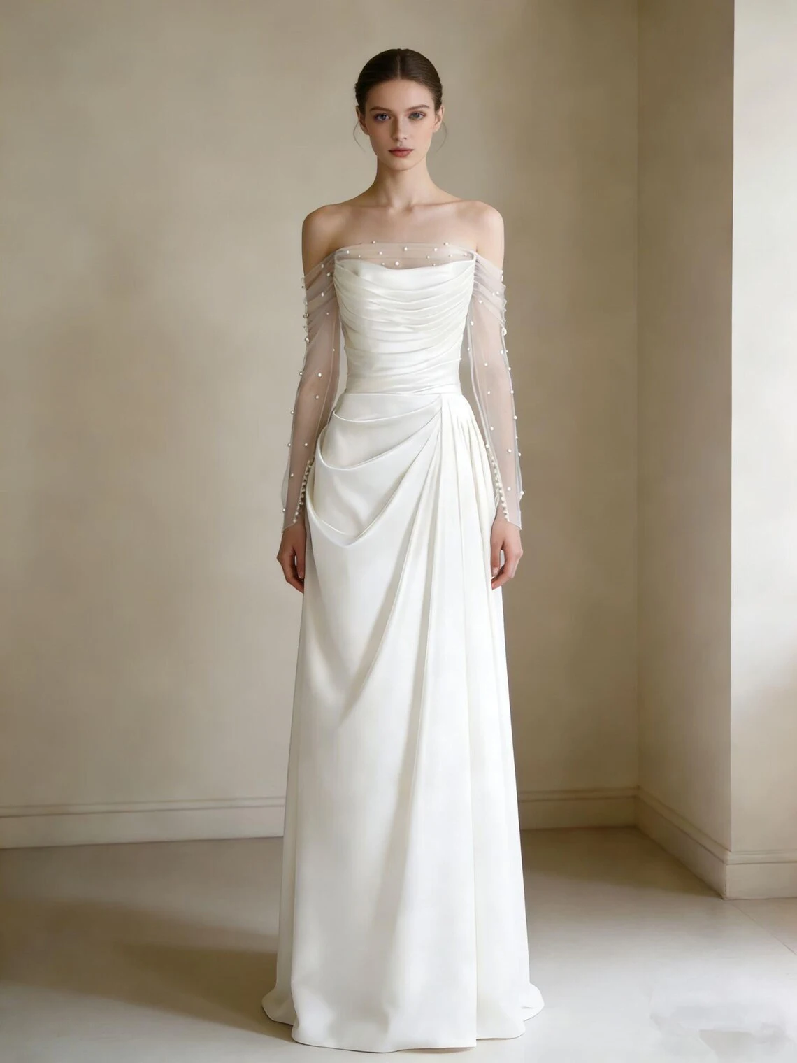 

Customized Modern Style Charmeuse Pleat Draped Bow Pearl A-line Off-the-shoulder Long Dresses Bespoke Occasion Dresses Matching