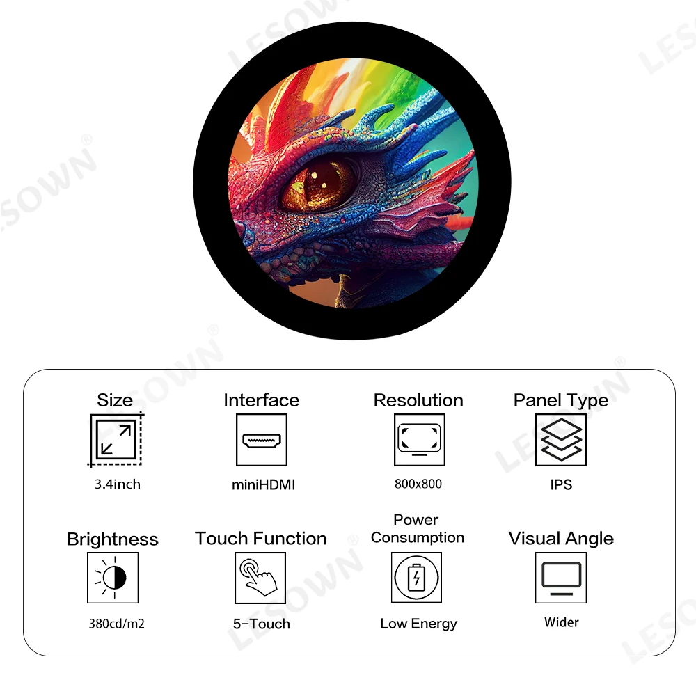 Immagine 5: LESOWN 800x800 IPS Schermo LCD rotondo da 3,4 pollici HDMI Tipo C Visualizzazione completa GX-H2M30PB118 Scheda di azionamento del controller Display industriale