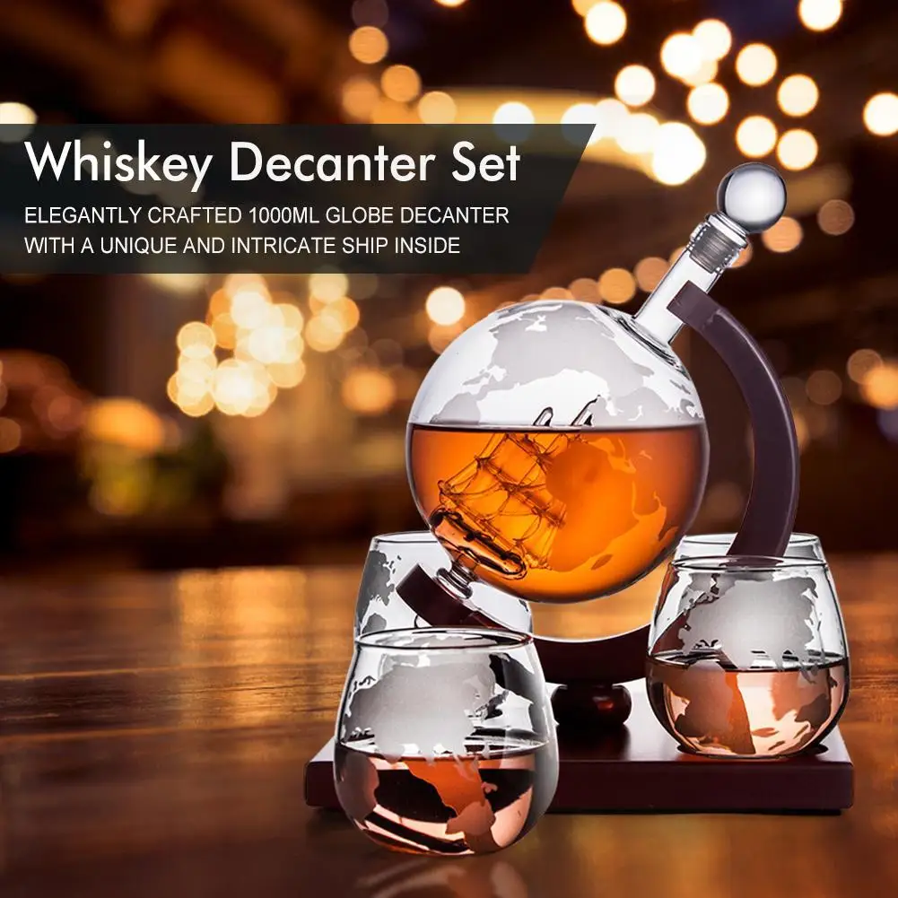 850 ml Whiskey Globe Dekanter-Set mit 2 geättrten Globusgläsern – für Likör Scotch Bourbon Wodka, Geschenke für Männer, Bar-Küchenwerkzeuge