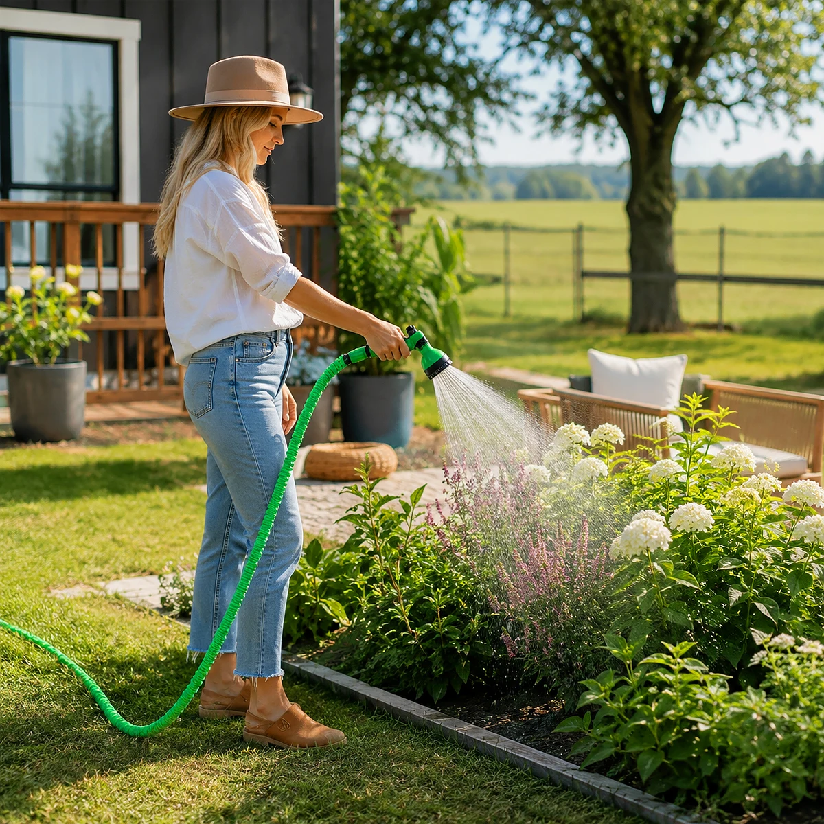 100/50FT Portable Multifunctional Garden Hose - Equipped with 7 Modes of Nozzle Heads, Lightweight, Flexible, Wear-Resistant and Leak Proof. Suitable for Watering Plants, Cars, Pets, Household Cleaning, and Other Purposes - All Season Universal