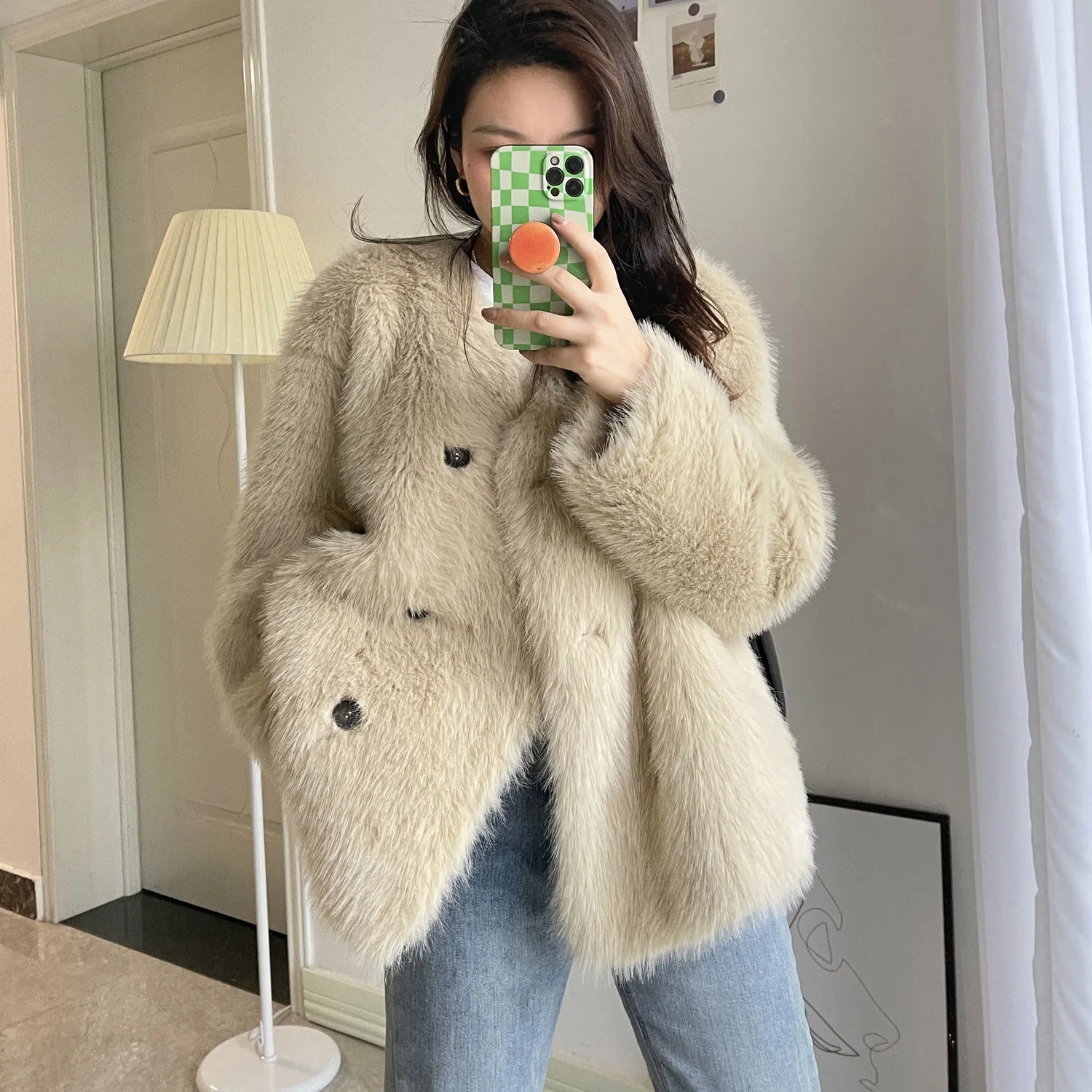 

Winter England Style Woman Faux Fox Fur Coat Long Sleeve Female Brief Coats Office Lady Fur Jacket Outwears Single Breasted C56