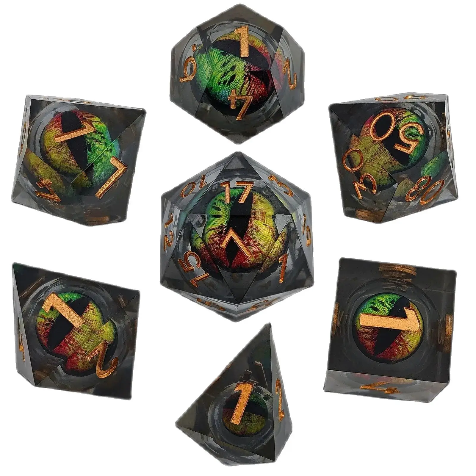 

Набор фиолетовых кубиков Dragon Eye DND из жидкого сердечника из смолы с острыми краями, подарок для подземелий и драконов, многогранник для ролевой игры