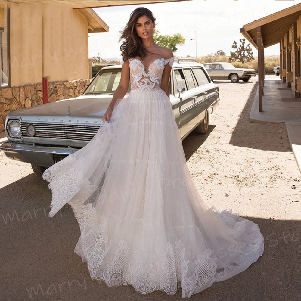 

Bohemian Elegant A Line Women's Wedding Dresses Classic Lace Appliques Backless Bride Gowns New Cap Sleeve Tulle Robe De Mariée