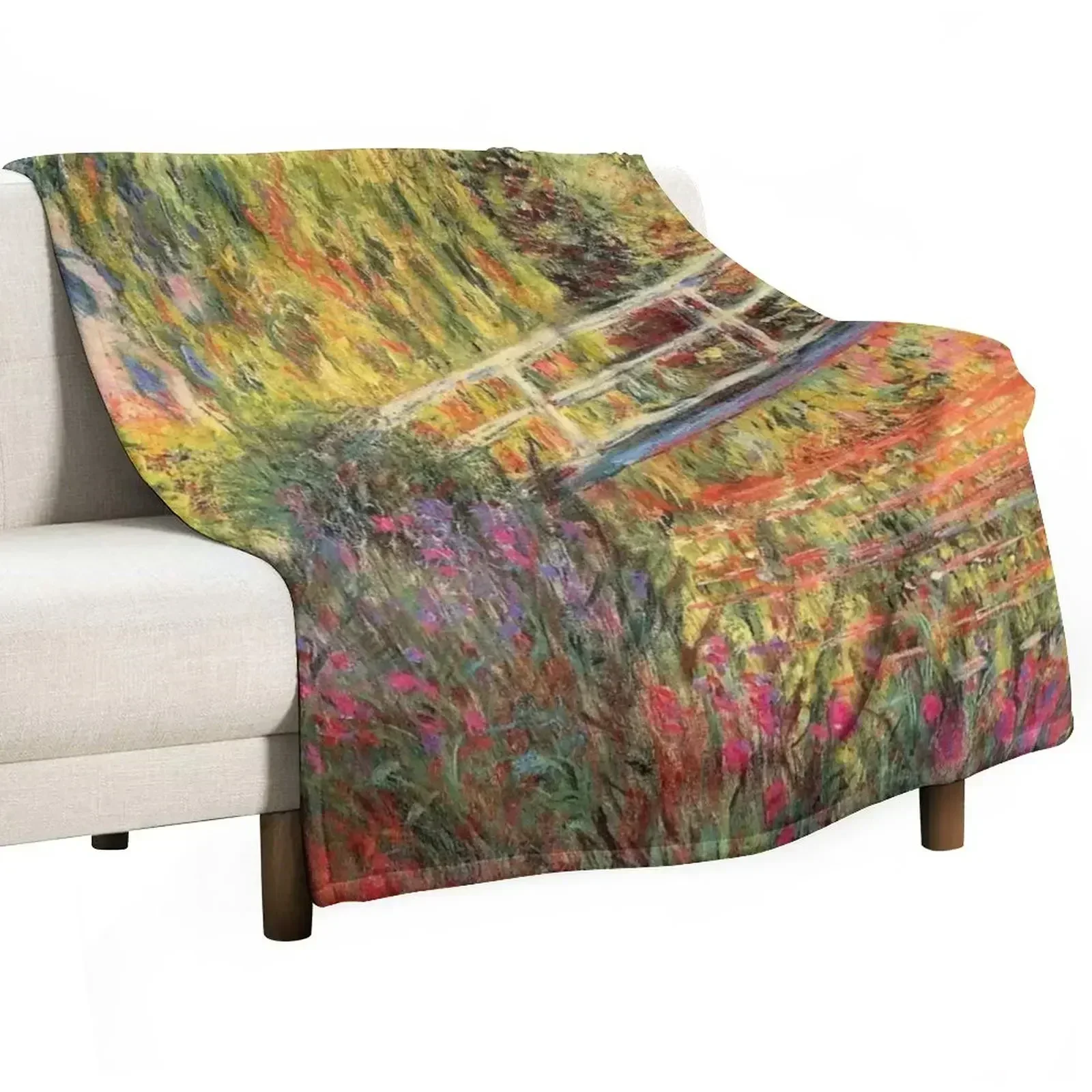 Monet The Japanese Bridge (The Water-Lily Pond, Water Irises) Throw Blanket Soft Plush Plaid Weighted warm winter Blankets