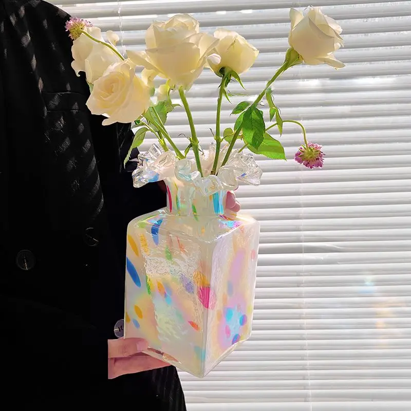 2Colors Square Vase Decoration Household Living Room Desktop Vase Decoration Ornaments Office Desk Simple Decorational VaseLI412