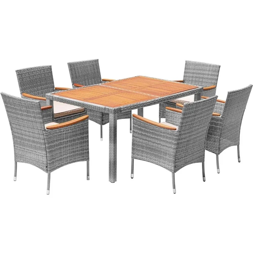 

Devoko Dining 7 PCS Furniture, Patio Conversation Set with Acacia Wood Table Top, Rattan Outdoor, Black