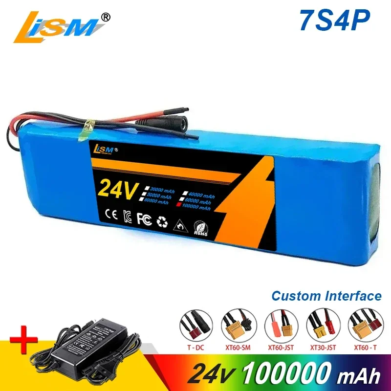 24V 7S4P Rechargeable Lithium 18650 Battery 100Ah Ion Battery Pack Batteries+29.4V Charger