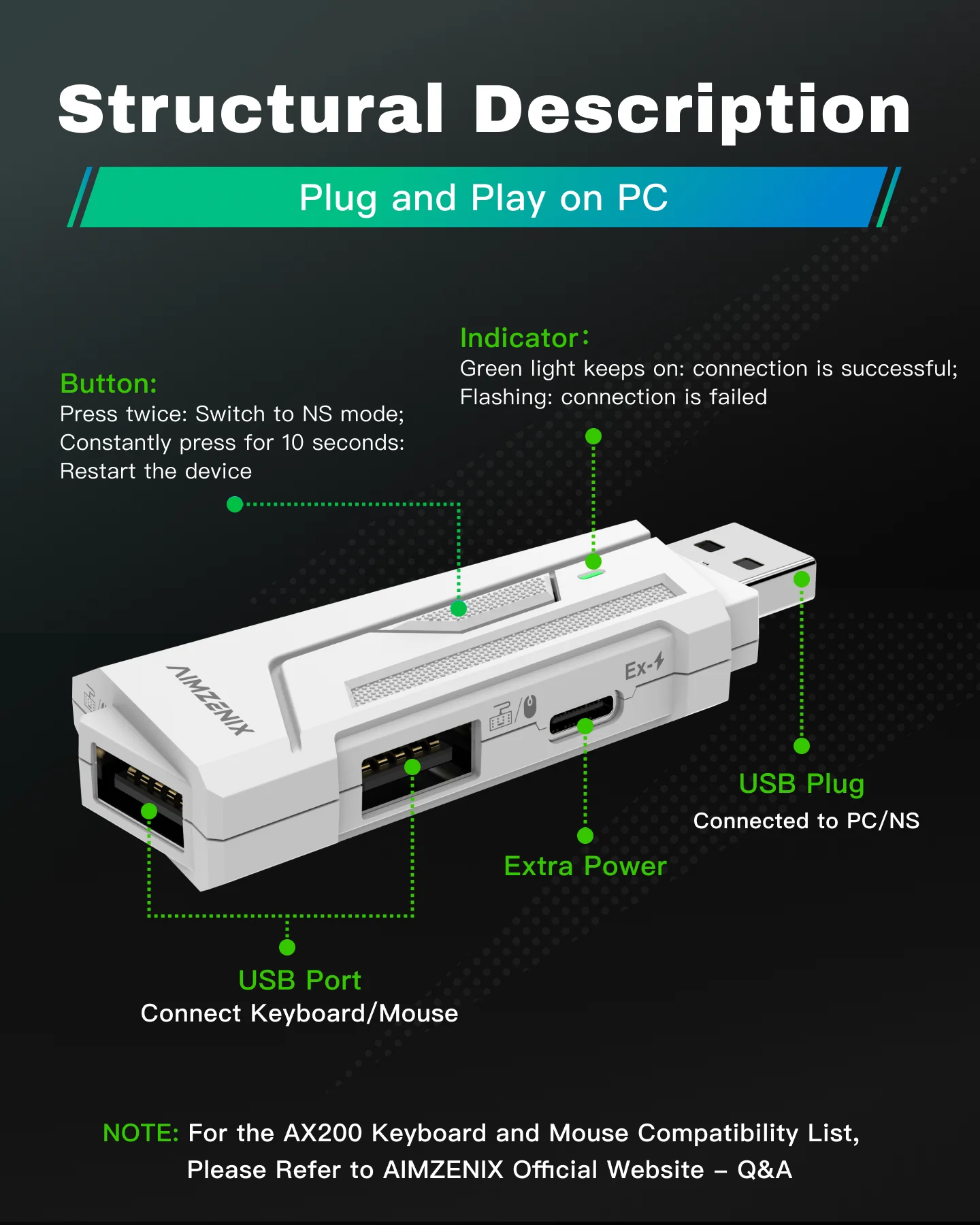Aimzenix AX200 PC Gaming K&M Converter/Adapter, App Customization, 1000Hz Reporting Rate