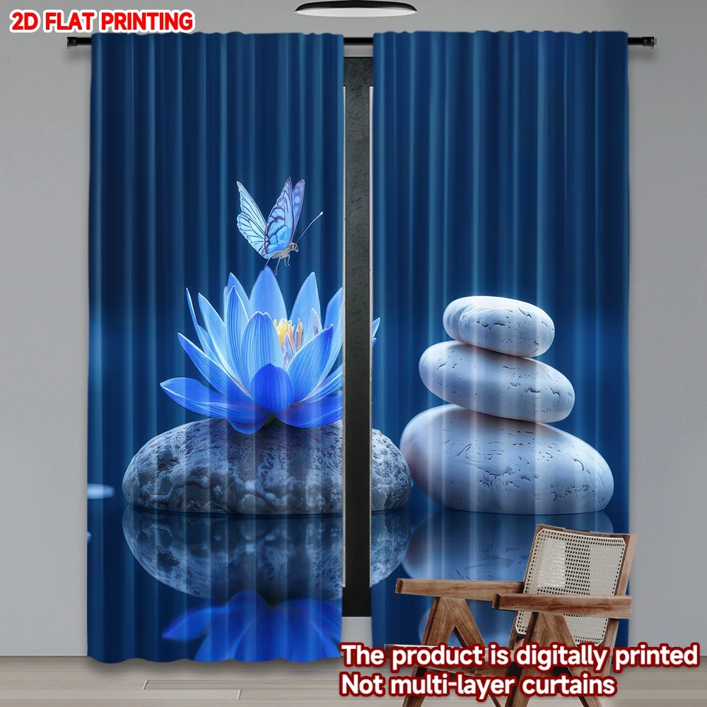 

2D flat printing 2pcs Curtain Butterfly on Blue Lotus Digital Printed Polyester Drapes Party Decorations Perfect for Door Wall