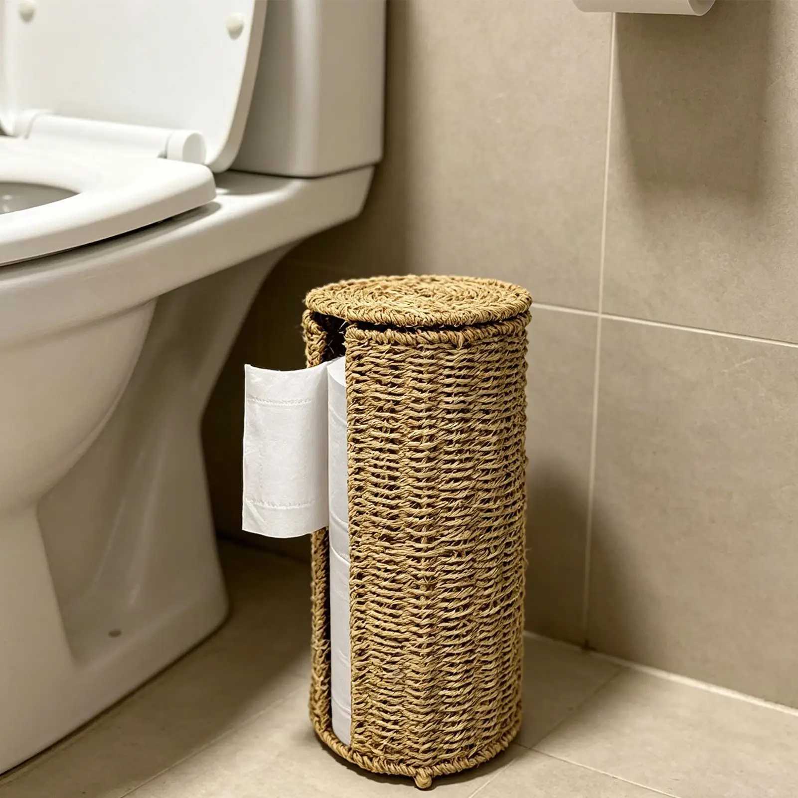 Toilettenpapierhalter, handgewebter Aufbewahrungskorb, bohrfreier Badezimmer-Organizer mit Getränkehalter, Badezimmer-Organizer, Badezimmer-Deko