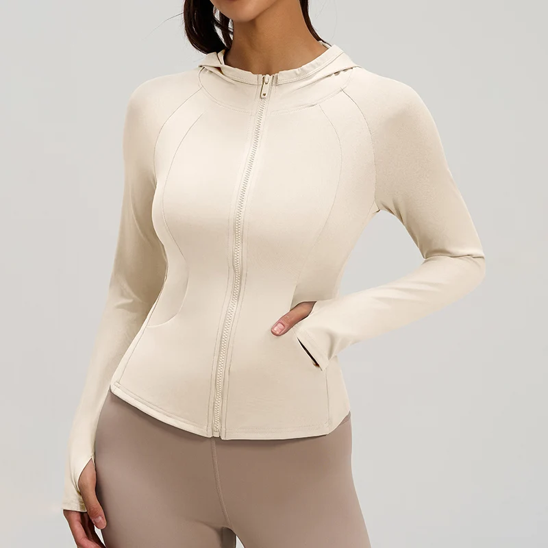 เสื้อแจ็คเก็ตมีฮู้ดสำหรับออกกำลังกายผู้หญิง ฤดูใบไม้ผลิ ฤดูใบไม้ร่วง มีซิป มีกระเป๋า เสื้อฮู้ดสำหรับปั่นจักรยาน ผู้หญิง วิ่งกลางแจ้ง ชุดกีฬาลำลอง ผู้หญิง
