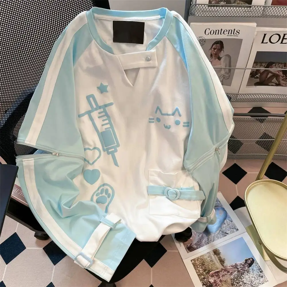 

2026 New Japanese Anime Style T Shirt Women Autumn Cute Cat Long Sleeve Detachable Sleeve Soft Girl Petite Casual Daily Blouse