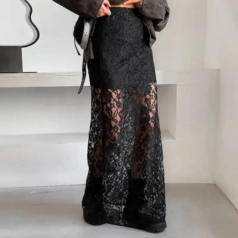 

Black Lace See-Through Women's Sexy Slit Patchwork Fashion Casual Loose High Waist Slim Street Long Skirt