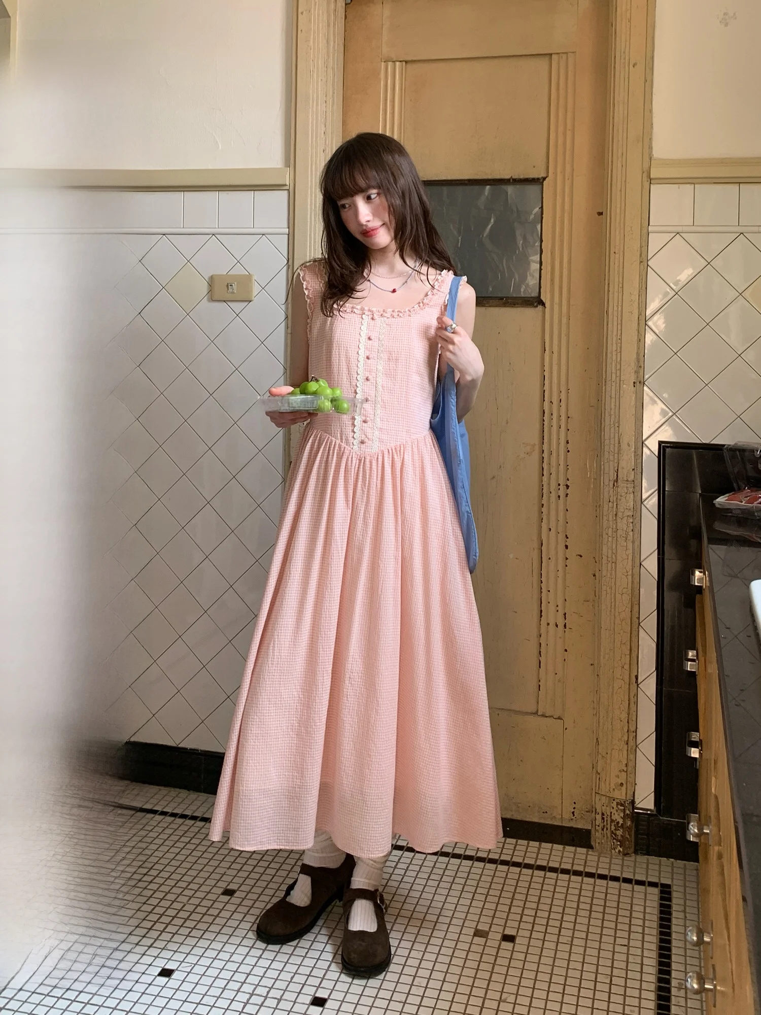 Damska luźna spódnica midi w stylu vintage z okrągłym dekoltem, w kratę, z koronkowym wykończeniem, idealna na lato, słodka, swobodna, w kształcie litery A.