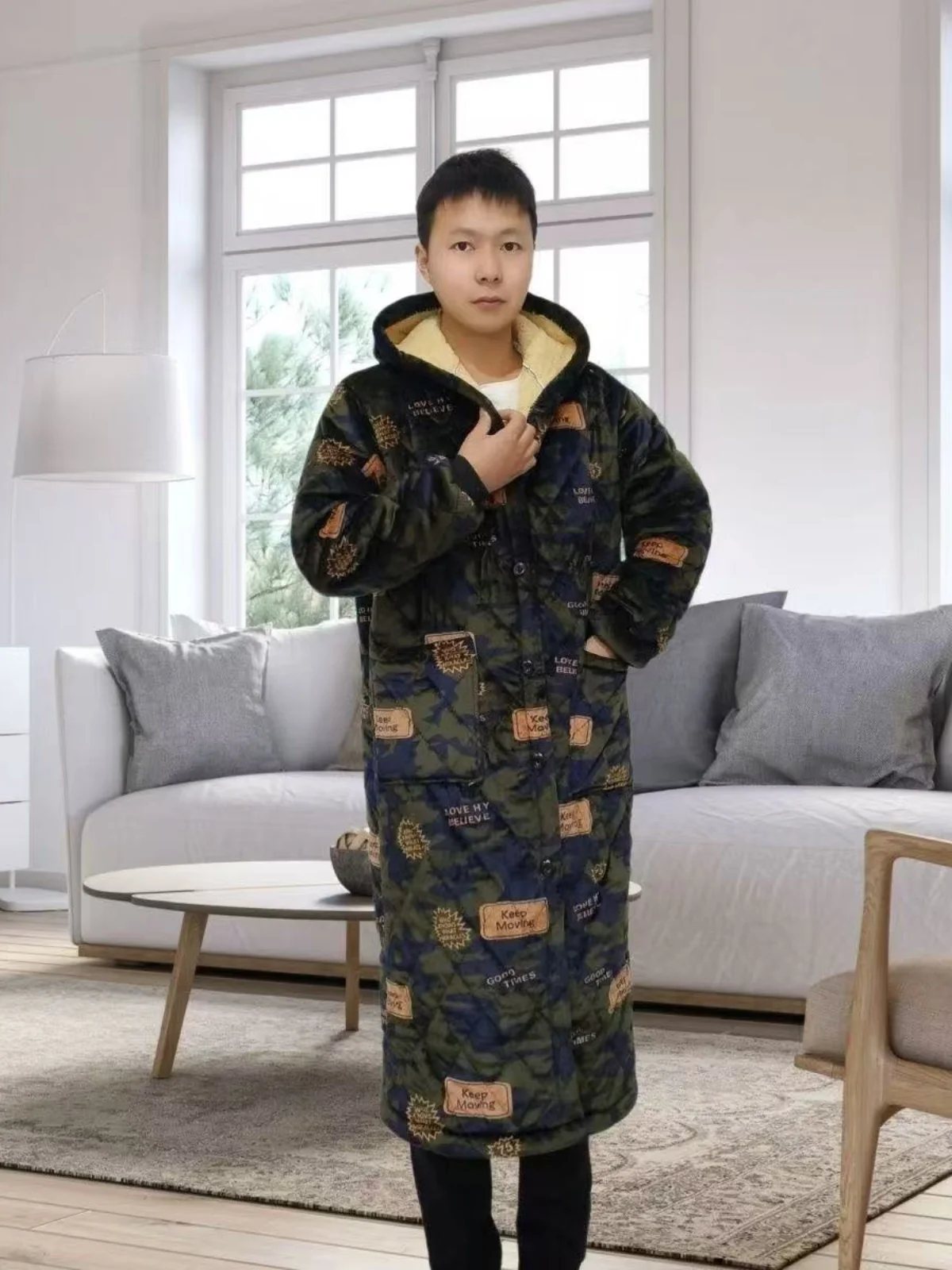 

Thiened Long Sve down Jaet ex Winter Warm Cotton Coat Fce Lined Triple Layer Workwear Apron Sle Youth Faion