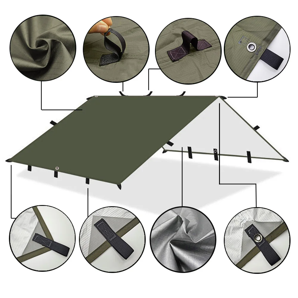 19 Hang Point Tarp Waterpoof Survival Bushcraft Sun Shelter Beach Shade Tent Outdoor Canopy Backpacking Tourist Awning 4x4 3x3m