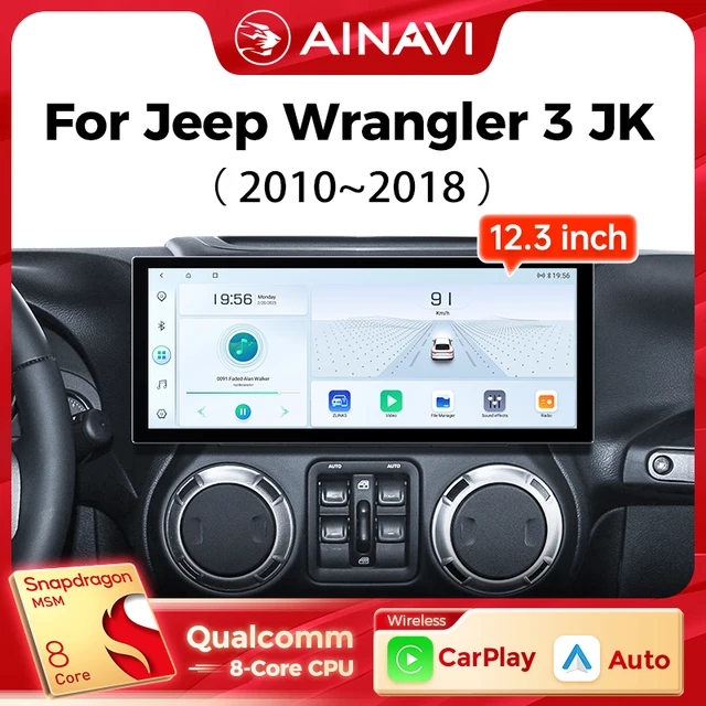 Ainavi 12.3 Calowy Radio Samochodowe z Bezprzewodowym CarPlay i Android Auto, Odtwarzacz Multimedialny 2K do Jeep Wrangler 3 JK 2010 2012 2014 2016 2018