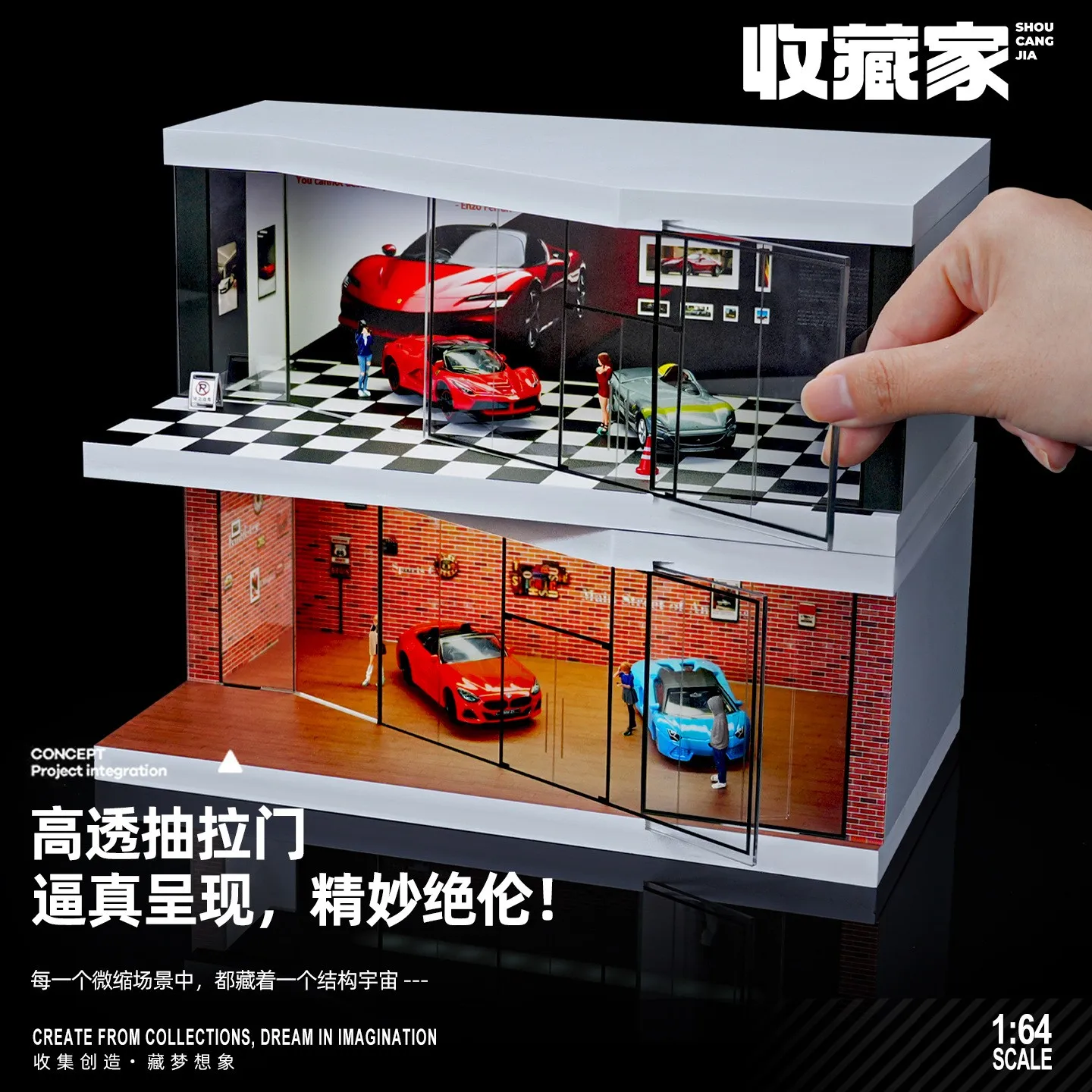 

Diorama 1/64 Garage Model LED Light Car Showroom Street Parking Lot Scene Model Display Case Model Auto Display Vintage Garage