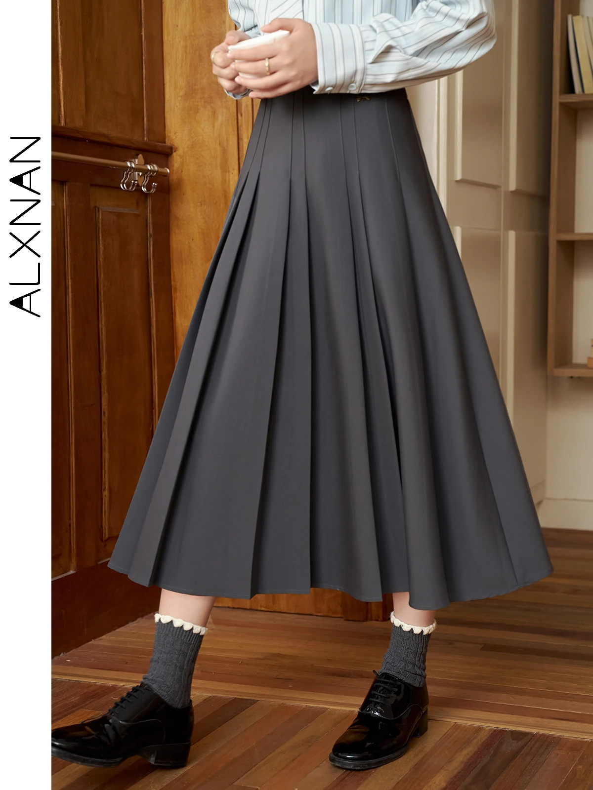 

ALXNAN женские серые элегантные юбки, модные длинные плиссированные юбки трапециевидной формы с высокой талией, 202, осенне-зимняя офисная женская одежда L39851