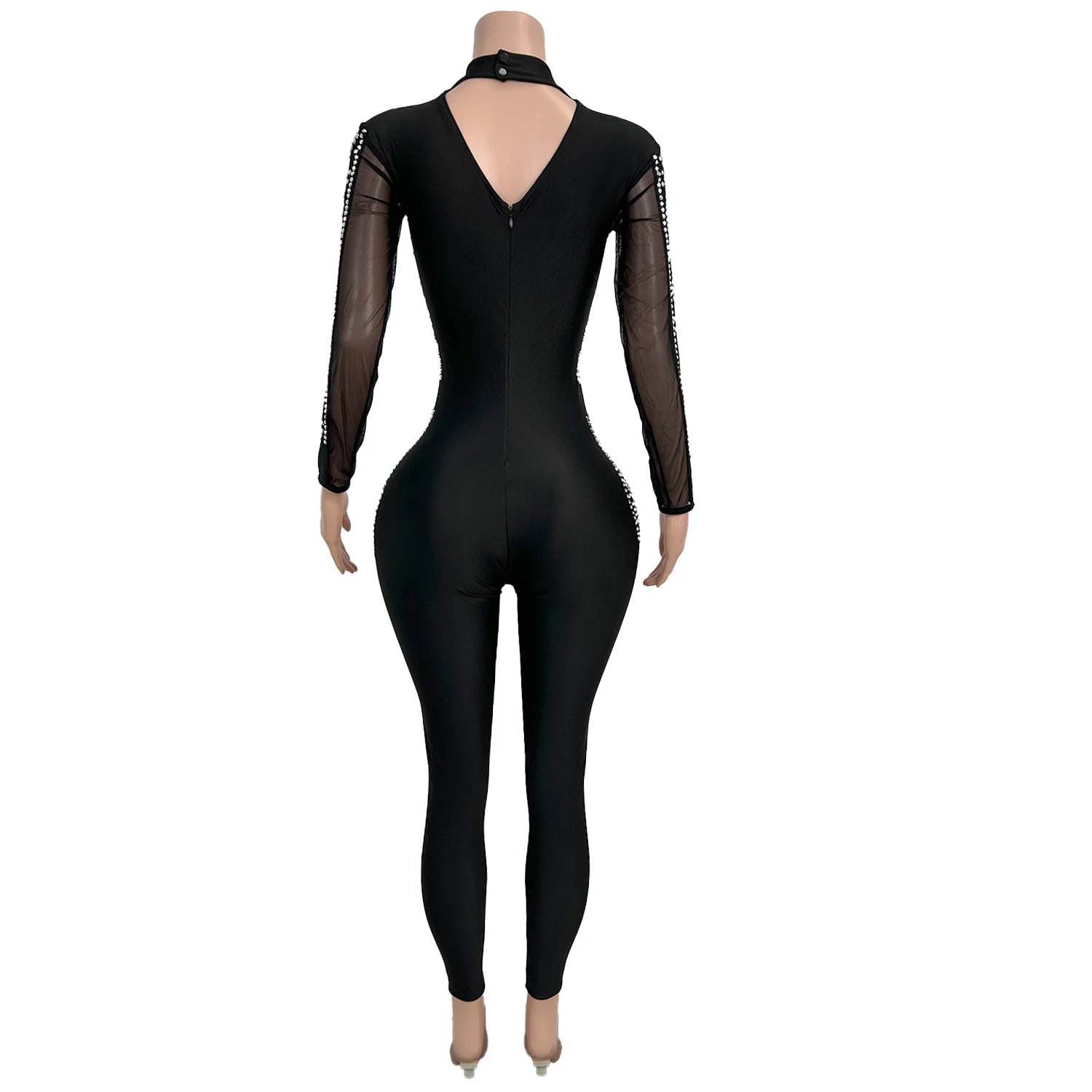 

Модные черные эластичные узкие женские цельные комбинезоны, сексуальные боди со стразами, женские вечерние облегающие комбинезоны, купальник для танцовщицы