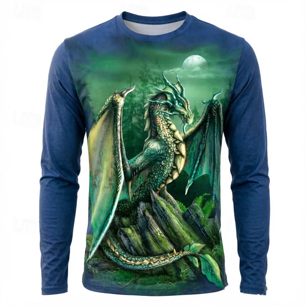 Men Long Sleeve T-Shirt Fantasy Dragon Mountain Moon Print Crew Neck Streetwear Casual Tops
