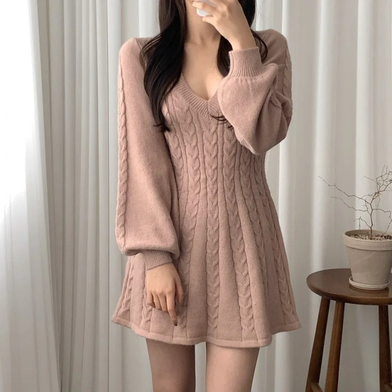 Kleider Frauen Stricken Pullover Kleid V-ausschnitt Laterne Hülse Gestrickte Über Knie EINE Linie Büro Dame 2025, Herbst Winter Vestidos