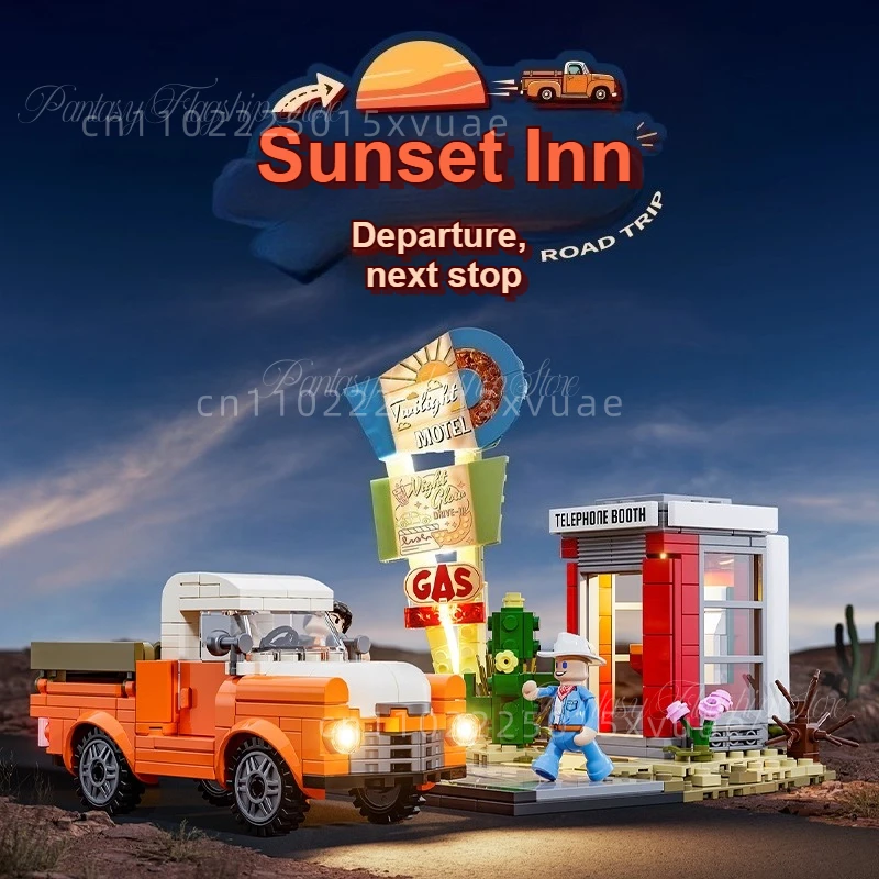 

Road Trip Series Sunset Station Building Blocks City Streetscape Building Assembly Model Toys Tabletop Decoration Christmas Gift