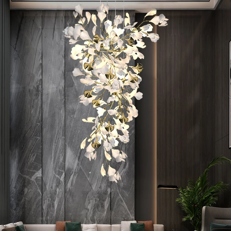 Villa Duplex Building Living Room Chandelier Artistic Creative Hollow Stair Light Designer Atmospheric Ceramic Ginkgo Lamps