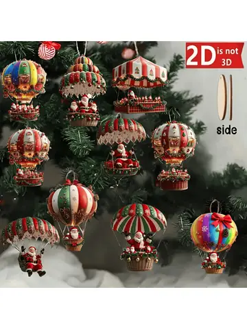 10Pcs Christmas Wooden Hot Air Balloon Santa Claus 2D Flat Wooden Pendant Christmas Tree Decoration Perfect Holiday Gift Decor