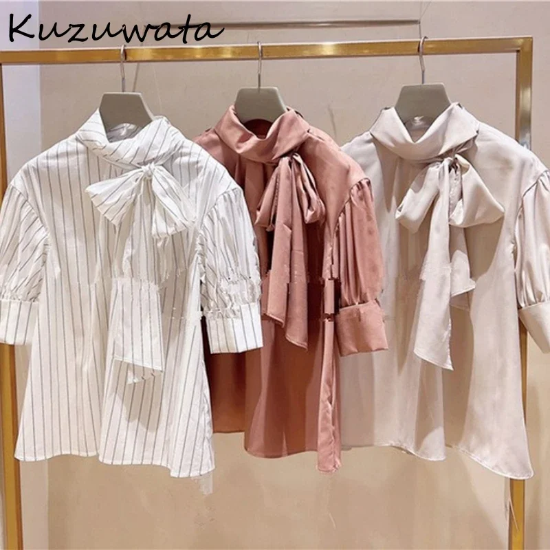 Kuzuwata 2024 Summer New Blusas Bowknot Lace Up Stand Collar Short Sleeve Shirts Folds Straight Solid Front Back Two Wear Blouse