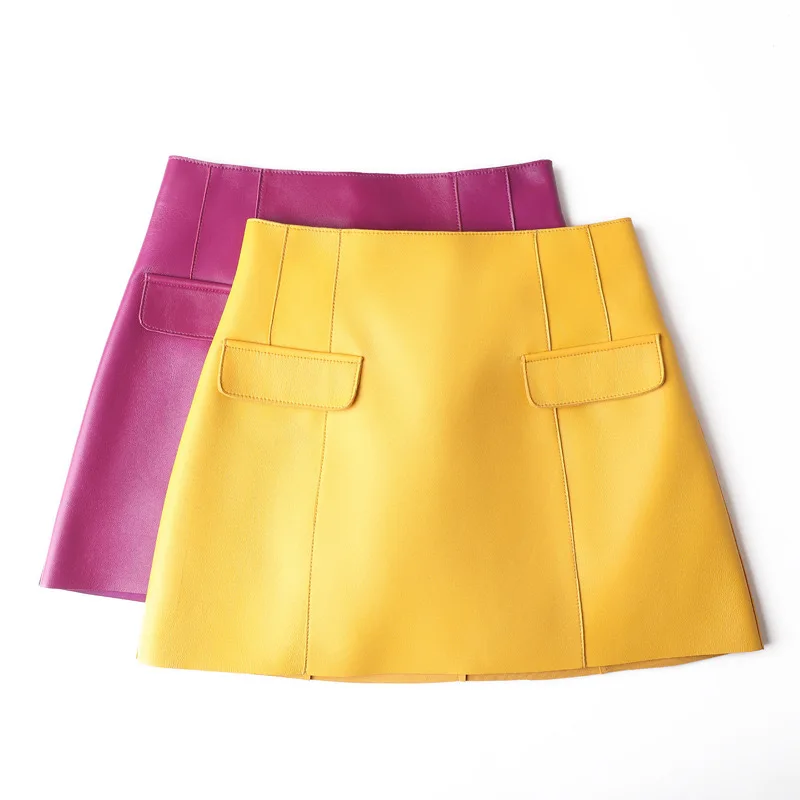 Catwalk Show Genuine Leather Sexy Mini Skirt Women 2024 Spring Fashion High Waist Retro A-line Skirt Europe Ice Cream Color