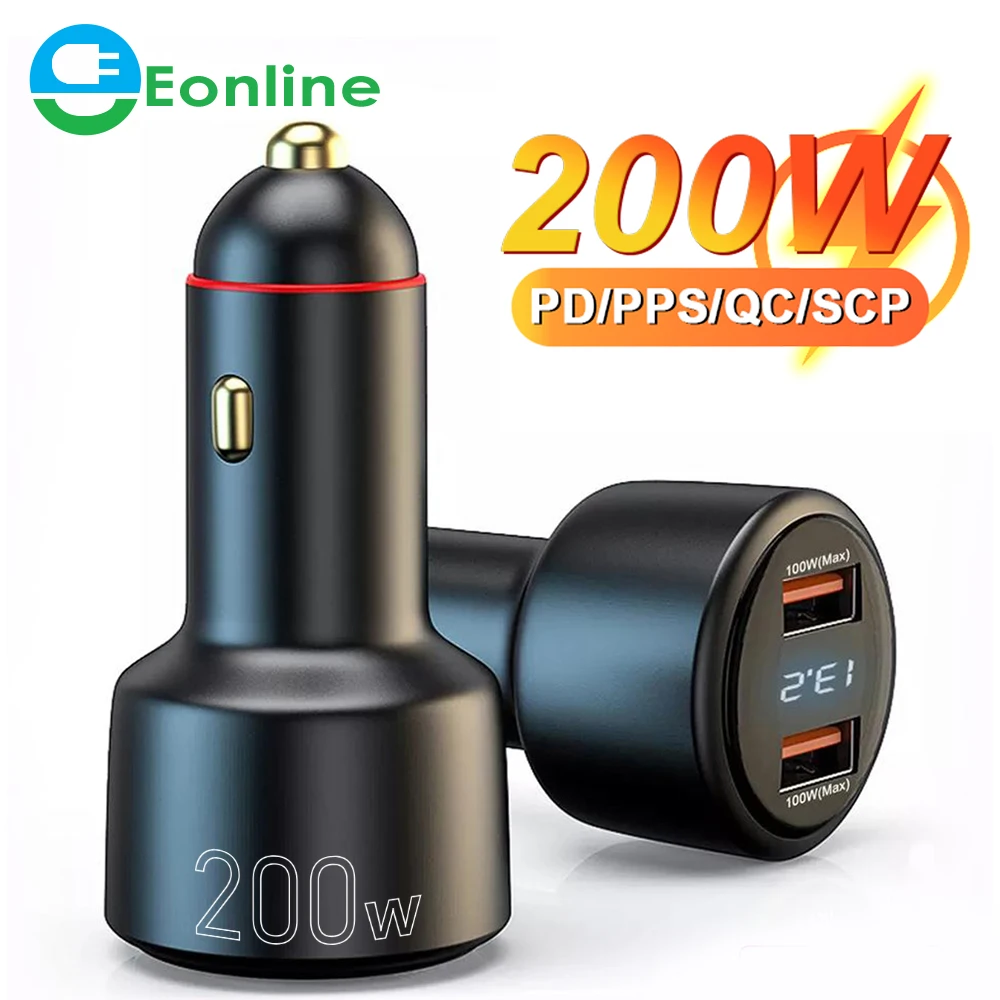 EONLIN Dual USB 200W USB Super VOOC Car Charger Voltage Display QC3.0 USB 100W 66W SuperCharge for Huawei Honor VIVO OPPO Xiaomi