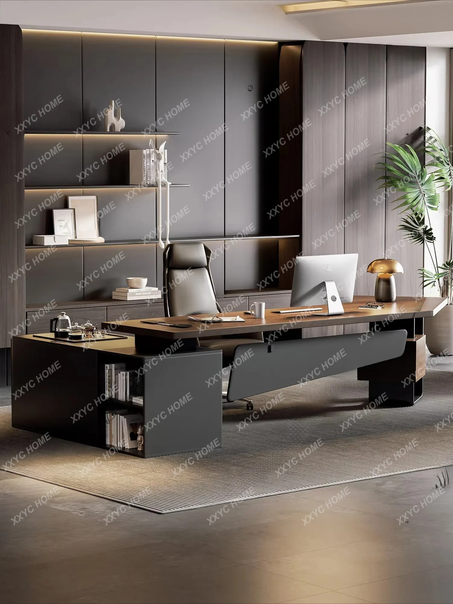 XXMinimalist Modern Solid Wood Executive Desk with Integrated Tea Table Irregular Shape Luxury Office Table