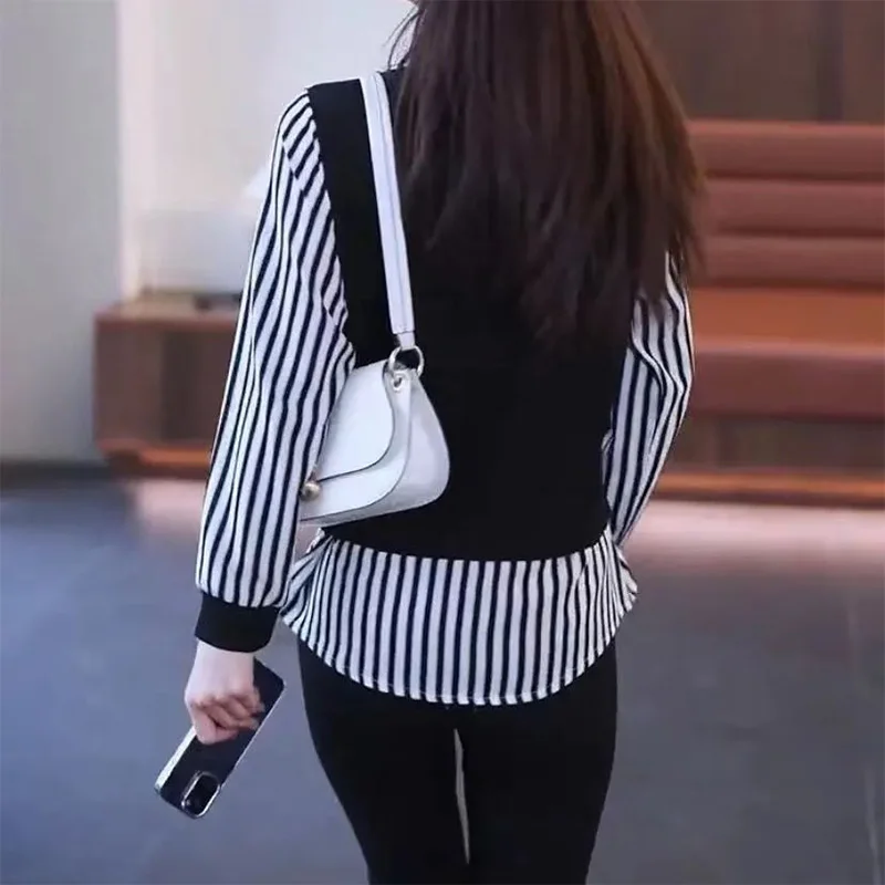 Fake Two Striped Shirts for Women Spring Autumn Clothes Fashionable Turn-down Collar Patchwork Long Sleeve Pullovers Blouse