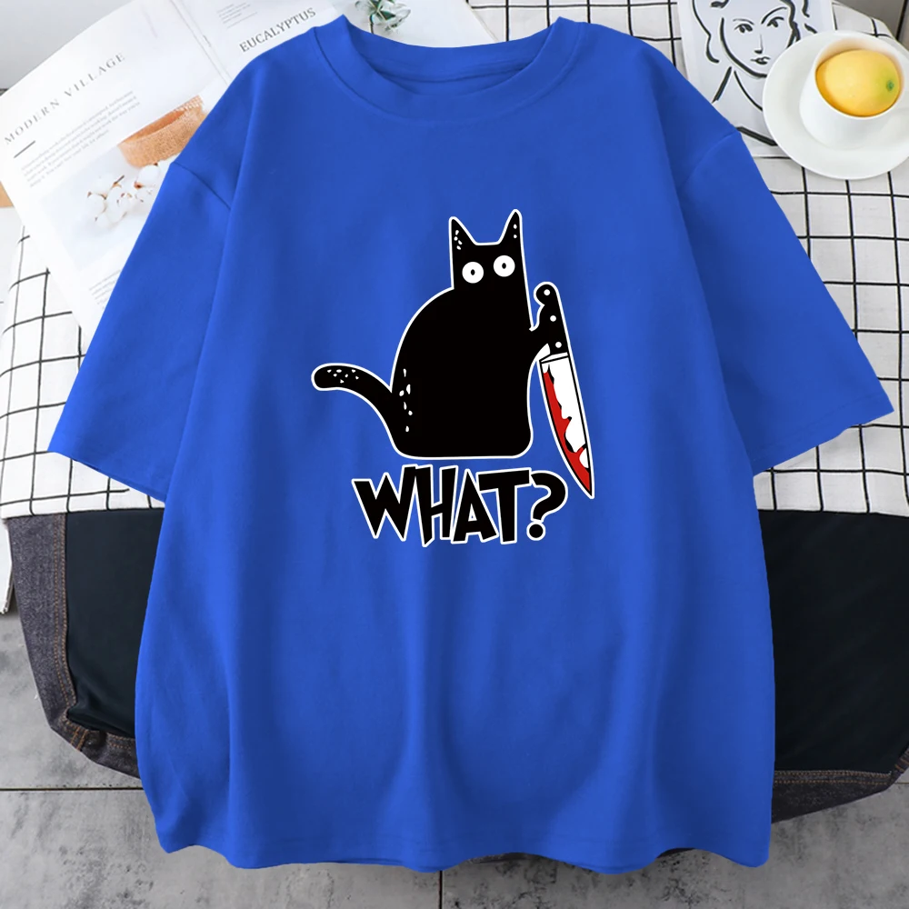 Funny Knife Cat Cartoon Printed T-Shirt Men Street Casual Short Sleeves Loose Oversized Cotton Tshirt Summer Breathable Tees