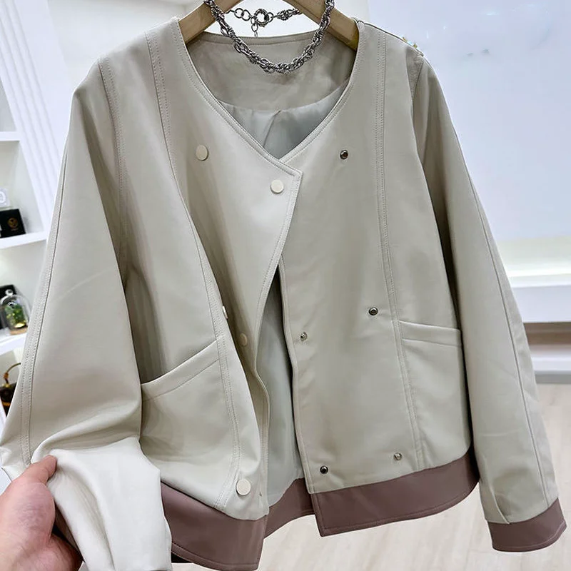 레트로 대조 색상 짧은 PU 가죽 재킷 여성용 봄 가을 2023 새로운 세련된 느슨한 서양화 캐주얼 자동차 코트