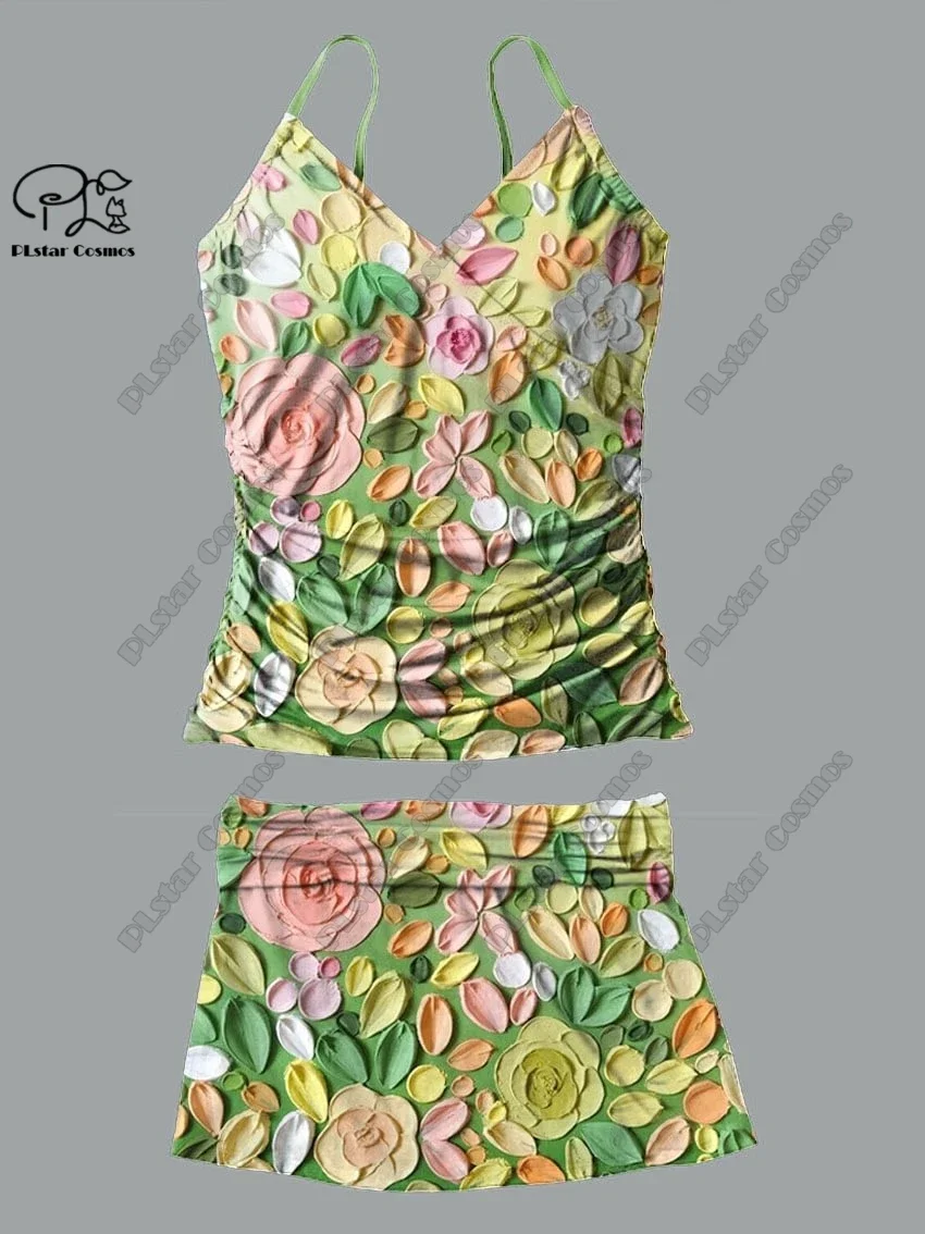 Dames V-Hals Zomer Kleine Frisse Bloemenprint Jarretelrok Tweedelig Badpak Vakantie Reis Nieuw Zwempak Q-6