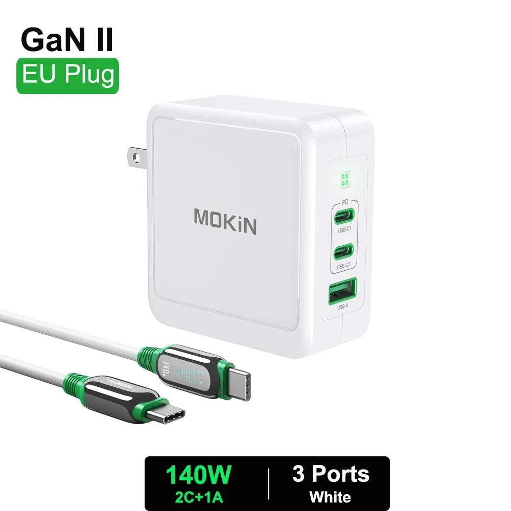 MOKiN GaN 140W Fast Charging USB Type C Charger PD 3.1 Wall Charge Adapter for iPhone Xiaomi Huawei Samsung EU/UK Foldable Plug